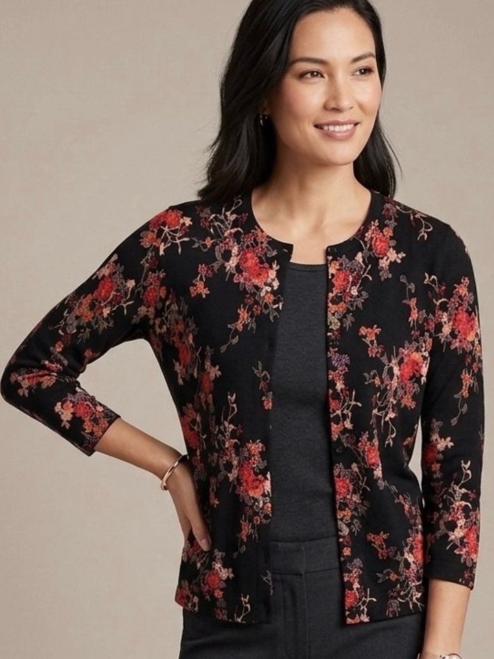 Garnet Hill Black Floral 100% Signature Eco Merino Wool Cardigan Medium